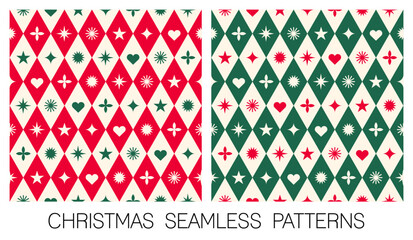Set of red and green rhombus with symbol elements seamless pattern design for christmas and new year celebration. 