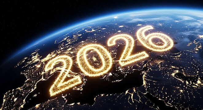 Glowing 2026 numbers illuminate the earth s surface at night from space