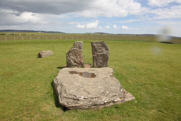 Prehistoric stone circle of Stenness in Orkney, Scotland, an iconic Neolithic site of standing...