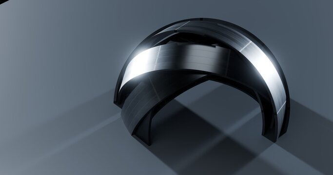 Abstract 3d render of intersecting metallic arches with bright central light reflection