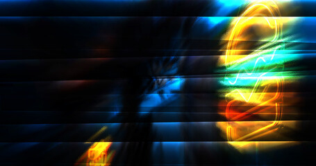 Parallel and overlapping glass panels distort the illustration of a hamburger with neon strokes