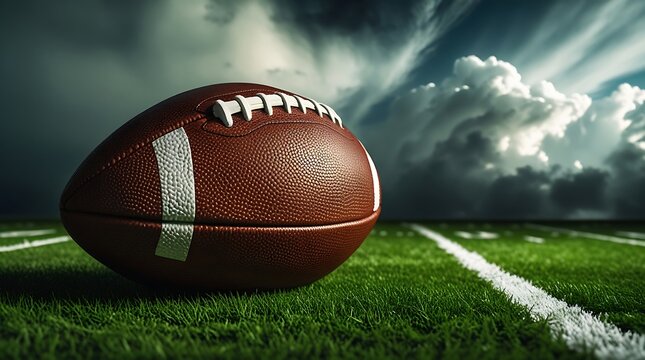 A low-angle shot of a worn American football positioned on the lush green grass of the field with visible yard markers and subtle gridiron patterns, under a dramatic cloudy sky. - Powered by Adobe