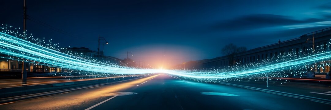 Illustration of long exposure shot of a road at night with blue trails
