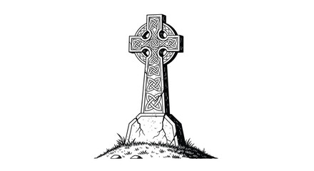 Celtic Cross Monument on Hillside Depicting Religious Symbolism.