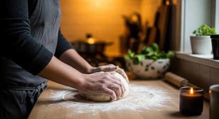 Woman kneading dough on a wooden board in a warm kitchen with candlelight