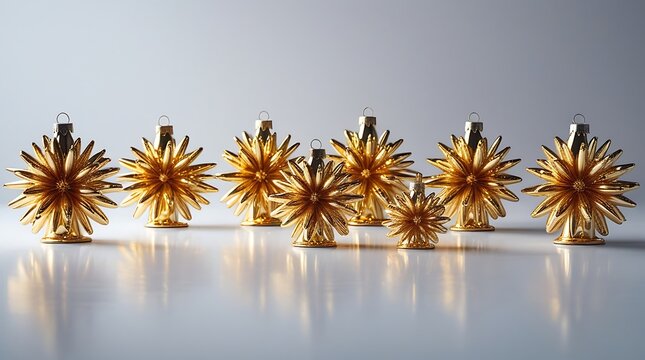 A photo of a meticulously arranged collection of golden fireworks-shaped ornaments placed in perfect symmetry on a pristine smooth white tabletop, with each ornament meticulously angled.