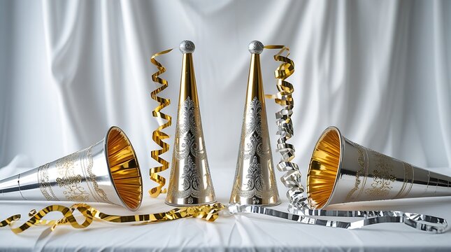 professional photo of a pair of elegant metallic party horns with intricate designs and streamers in shimmering silver and gold hues arranged aesthetically on a pristine white studio backdrop.