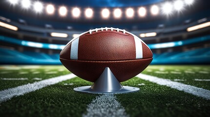 A photo of a pristine American football resting on a sleek kickoff tee, set against a backdrop of bright stadium lights that create a dramatic rim-light effect.