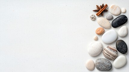 A collection of smooth, various colored pebbles and spices are artfully arranged on a textured white surface, creating a minimalist and natural composition.