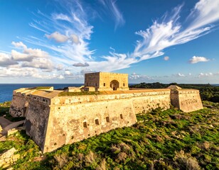 Ancient fortress structure overlooking the vast ocean beneath a cloudy blue sky