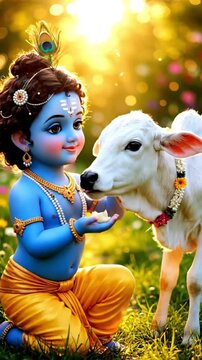 vertical divine baby krishna and calf in nature