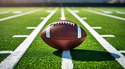professional photo of a sleek American football sitting on vibrant green artificial turf with crisp white yard lines and markings in the frame, illuminated by midday lighting with sharp contrast.