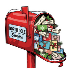 Obraz premium Christmas Eve Mailbox Overflowing with Letters to Santa from the North Pole Express, Filled with Gifts and Holiday Cheer