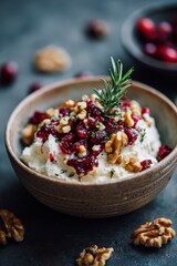 Delicious ricotta cheese topped with cranberry, walnuts, and rosemary for a gourmet snack or appetizer presentation.