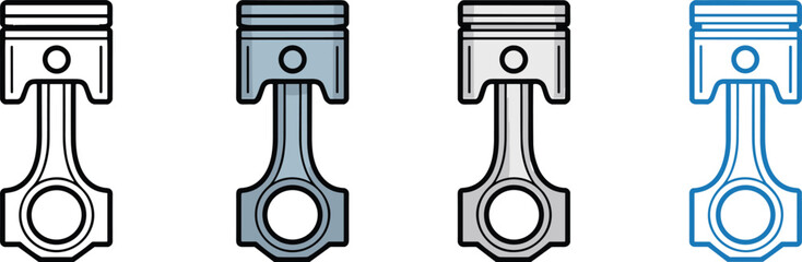 Engine piston icon set, mechanical part illustration, car motor component vector, automotive piston graphic outline and filled styles collection