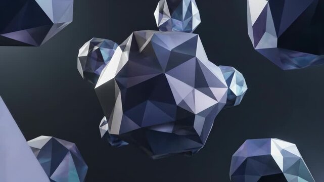 Vertical video of abstract geometric crystals floating in dark space. A seamless 3D animation of rotating low-poly shapes. Modern futuristic background