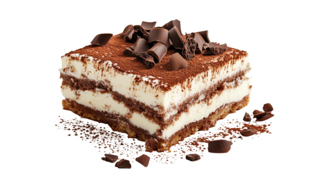 Tiramisu dessert slice with chocolate shavings isolated on a transparent background