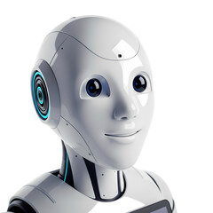 Friendly robot face with blue eyes and neon details