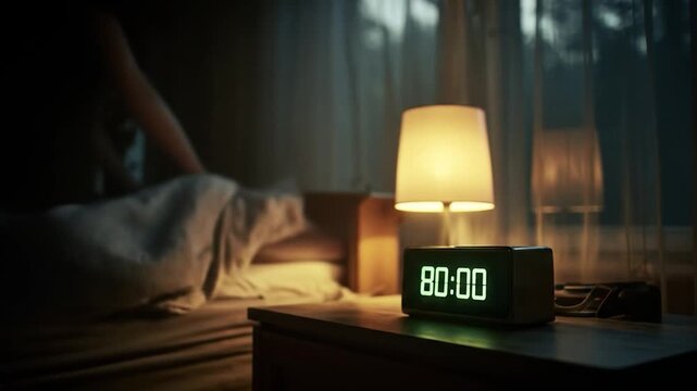 A bedside lamp illuminates a digital clock showing 8000 in a dim bedroom