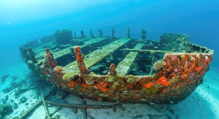 Ancient wooden shipwreck, now a vibrant underwater habitat, adorned with colorful coral and diverse marine life, resting on a sandy seabed in clear tropical waters