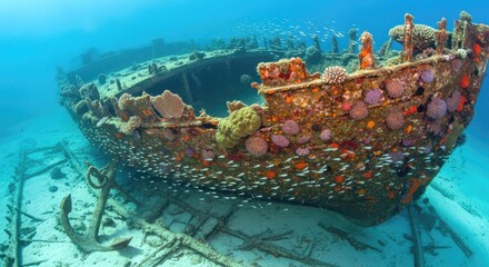 An old shipwreck resting on the sandy ocean floor has become a vibrant artificial reef for colorful coral and marine life