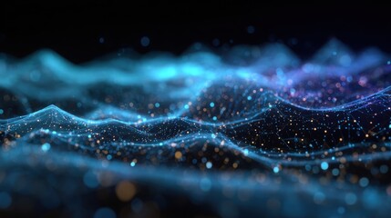 Flowing Digital Waves of Luminous Blue Particles and Interconnected Network Nodes.