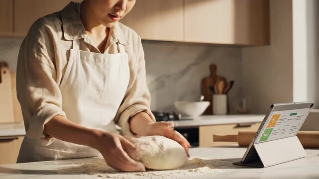 Asian woman kneading dough in a modern kitchen. Baker following an online recipe on a tablet computer. Homemade cooking and modern lifestyle concept - Powered by Adobe
