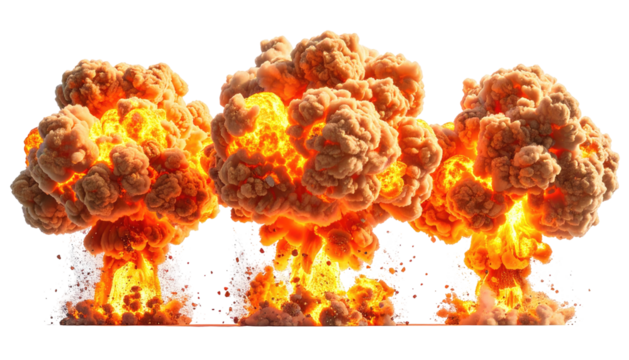 Trio of large, fiery mushroom clouds against a black background