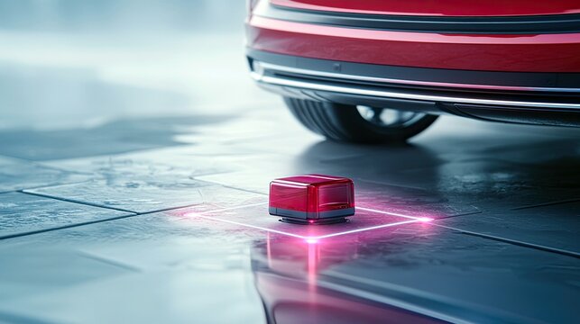 A close-up shot of a small red sensor emitting a pink laser grid on a wet, tiled floor, with the bumper of a red car visible in the background.
