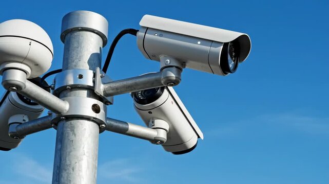 Modern CCTV security cameras mounted on a pole. Public surveillance and monitoring system against a clear blue sky. Safety and technology concept