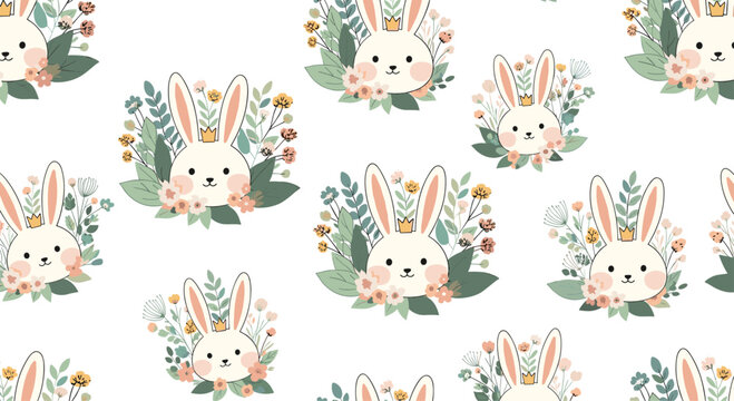 Cute bunny pattern with floral elements on white background. - Powered by Adobe