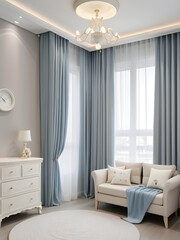 blue curtains in modern living room, living room interior