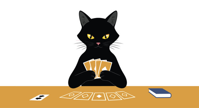 Black cat playing cards with focus and concentration on the game.