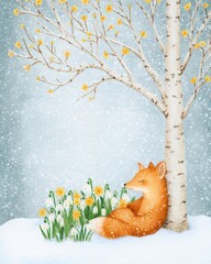 Fox resting amidst snowy daffodils under a tree winter nature scene serene environment artistic illustration