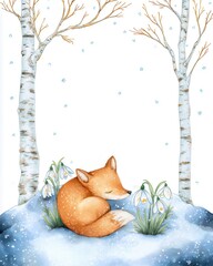 Sleeping fox in snowy forest winter wonderland nature illustration peaceful environment childlike viewpoint