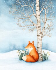 Winter scene with fox by birch tree snowy landscape digital art peaceful environment whimsical viewpoint