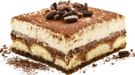 Tiramisu dessert slice with coffee beans isolated on a transparent background