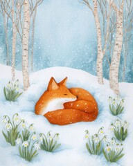 Resting fox in snowy forest nature illustration winter wonderland serene environment cozy viewpoint