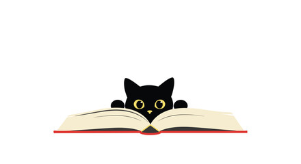 Fototapeta premium Black cat peeking over open book reading and learning.