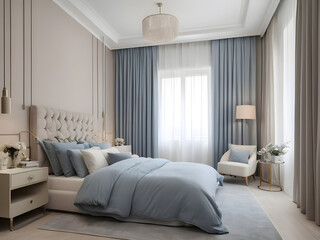 blue curtains in modern living room, bedroom interior	