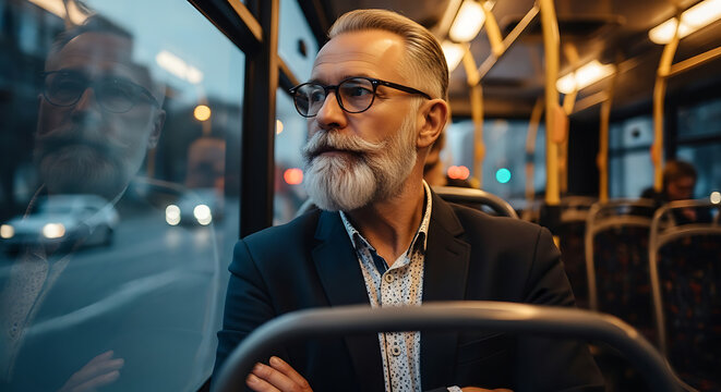 Mature man with beard and glasses looking out bus window at city lights