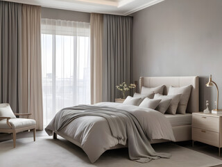 gray curtains in modern living room, bedroom interior	
