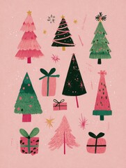 Cute Christmas tree clipart set in pink and green tones, flat vector style with simple shapes, hand-drawn details, bows and gifts, on a soft pink background. Playful, clean, high-quality holiday desig