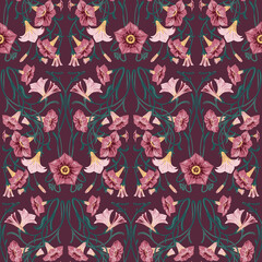 Seamless retro floral pattern with petunias on a burgundy background
