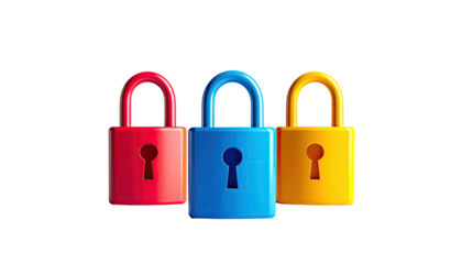 Three colorful padlocks in red, blue, and yellow, on black