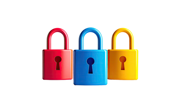 Three colorful padlocks in red, blue, and yellow, on black