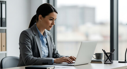 Focused businesswoman working diligently on her laptop at a modern office desk