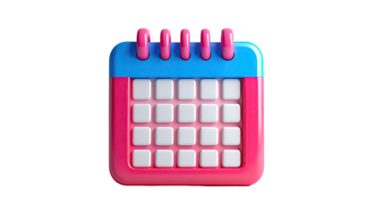3D calendar icon, pink trim, light blue top, white squares