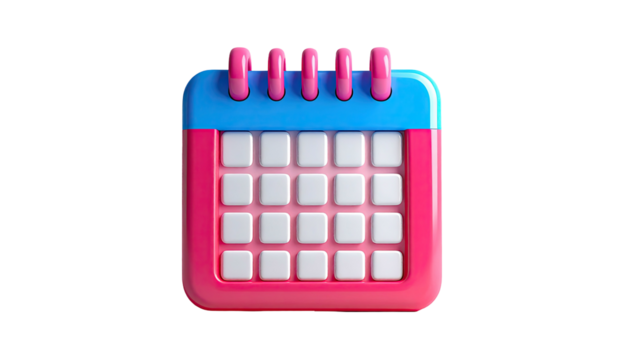 3D calendar icon, pink trim, light blue top, white squares