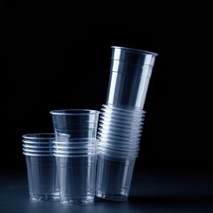 A neat stack of lightweight, disposable clear plastic cups commonly used for cold drinks, catering, parties, and outdoor events ,party ,kitchen ,catering